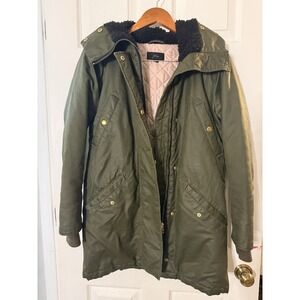 J Crew Green Jacket Size XS Fur Hood Quilt Lined Y2K Bella Swan Twilight Style
